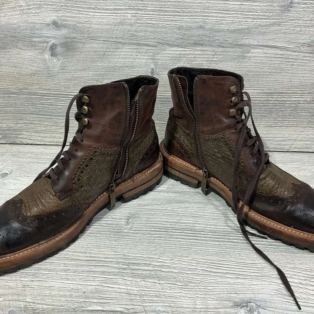 Donald J. Pliner Ziroc 56 Men's Size 8 M Brown Leather Wingtip Lace Up Zip Boots